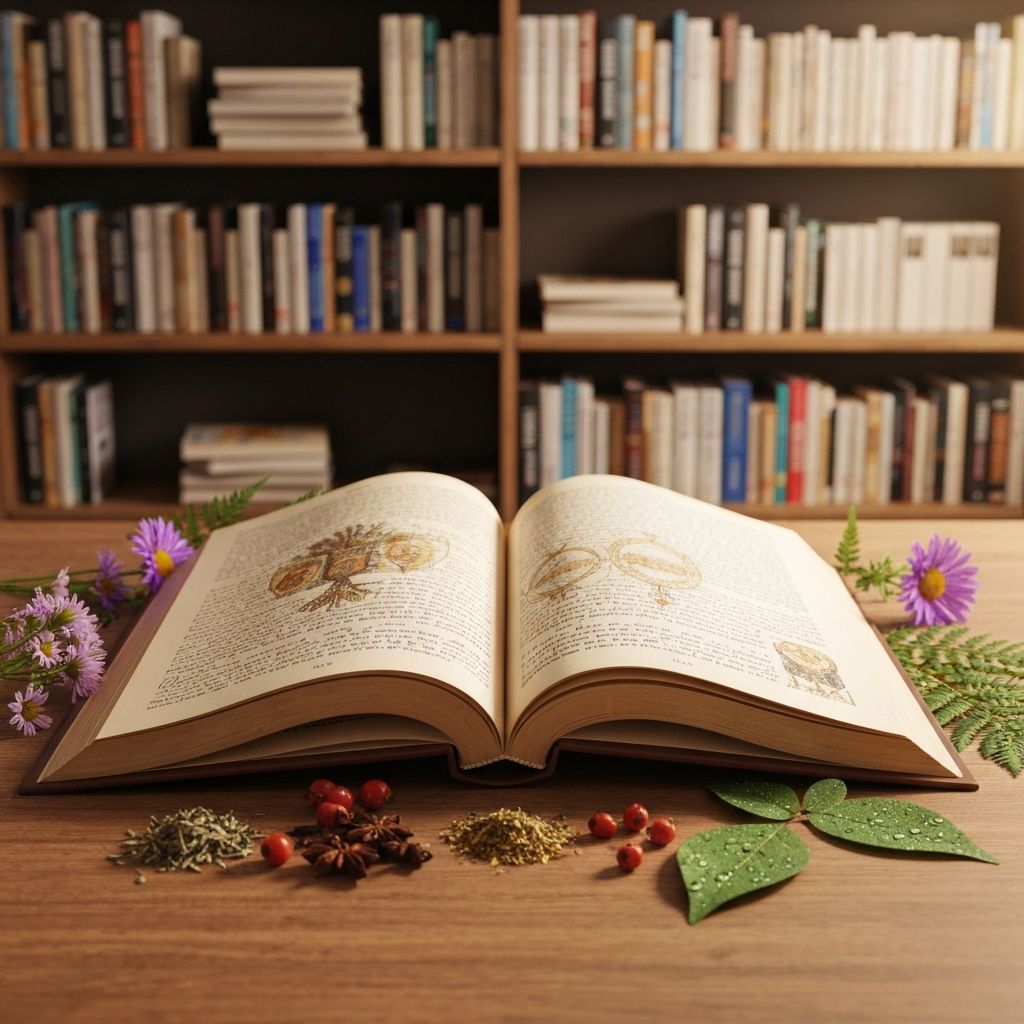 Open book surrounded by botanical elements and natural ingredients